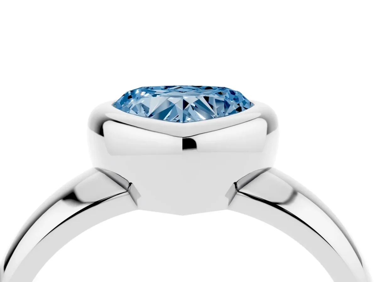 Fancy Blue Bezel Set Heart Cut Solitaire Ring with Wide Band Platinum
