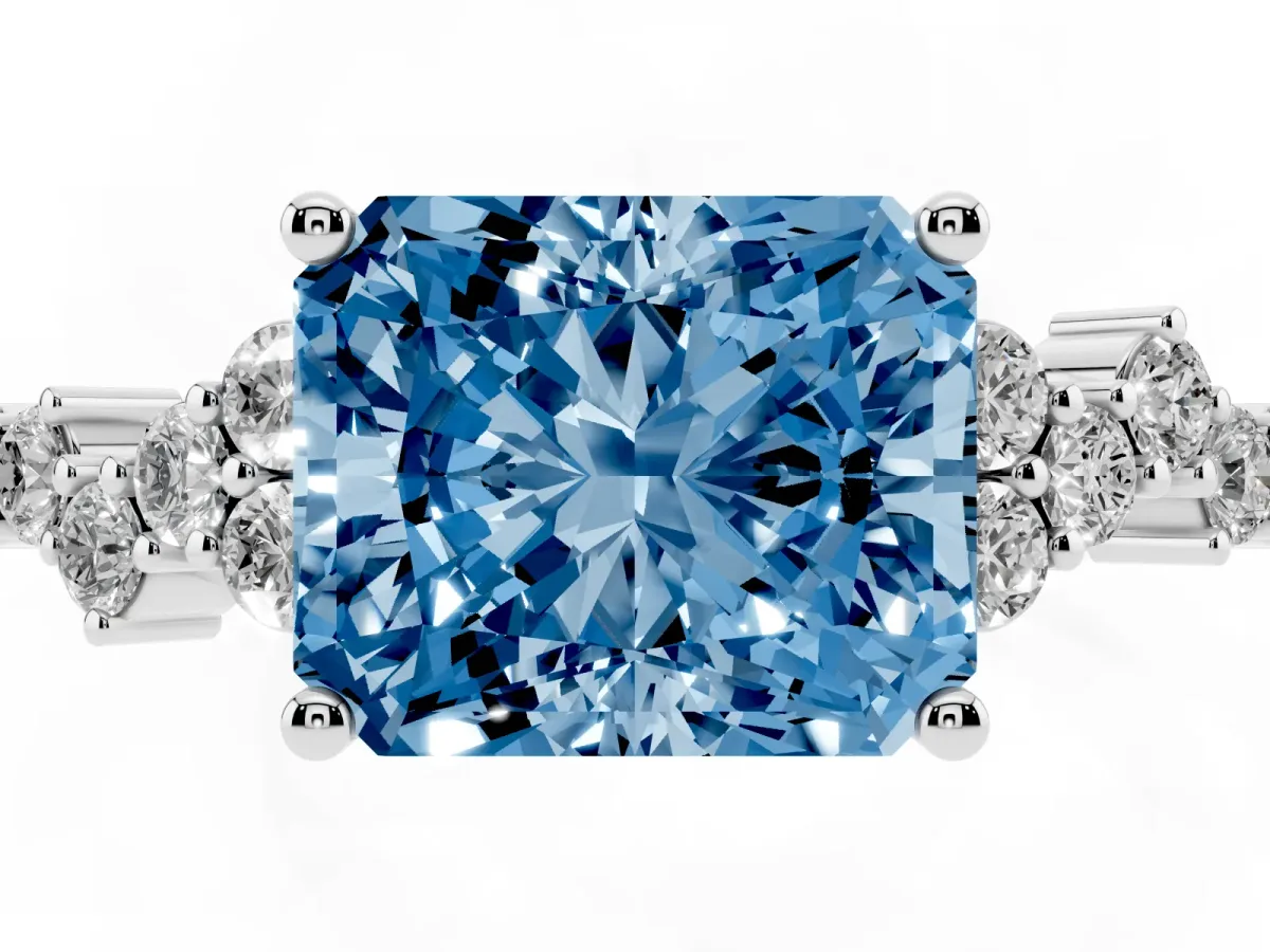 Fancy Blue Radiant Cut Diamond Scattered Round Accent Ring with Prong Setting White gold
