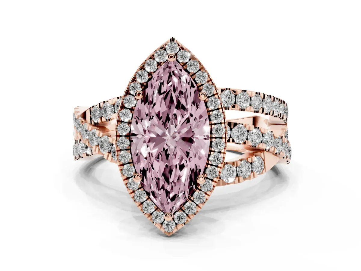 Fancy Pink Marquise Cut Diamond Halo Ring with Round Split Shank and Prong Setting Rose gold