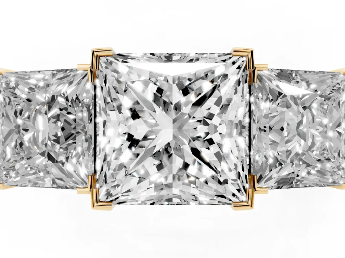 Three-Stone Princess Cut Cut Diamond Ring with Channel Set Band and Four-Prong Setting Yellow gold