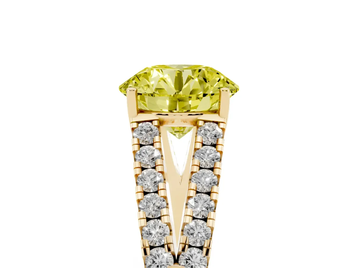 Fancy Yellow Round Cut Diamond Split Shank Engagement Ring with Round Pavé and Prong Setting Yellow gold