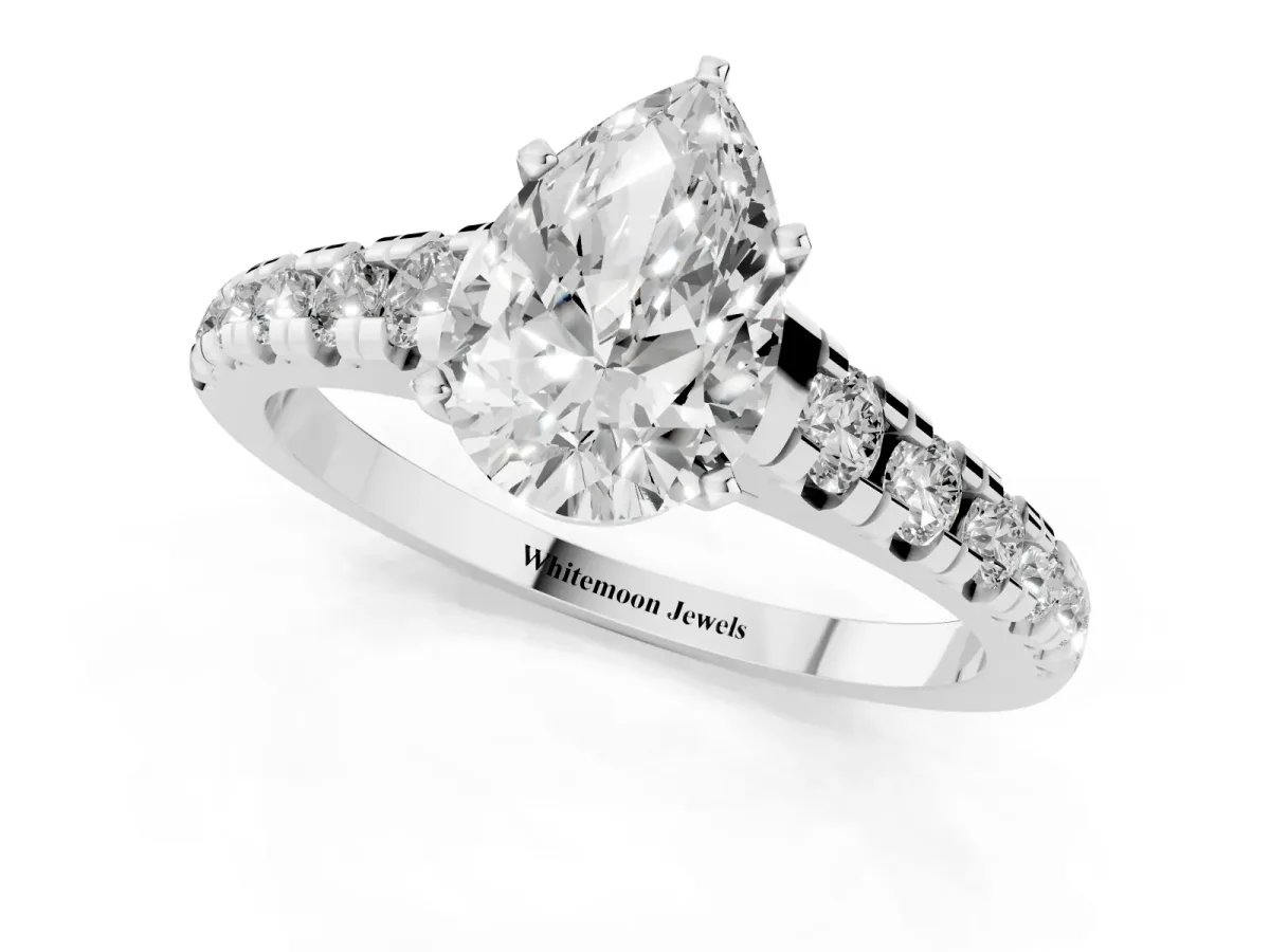 Pear Cut Diamond Cathedral Solitaire Ring with Round Pavé Band Platinum