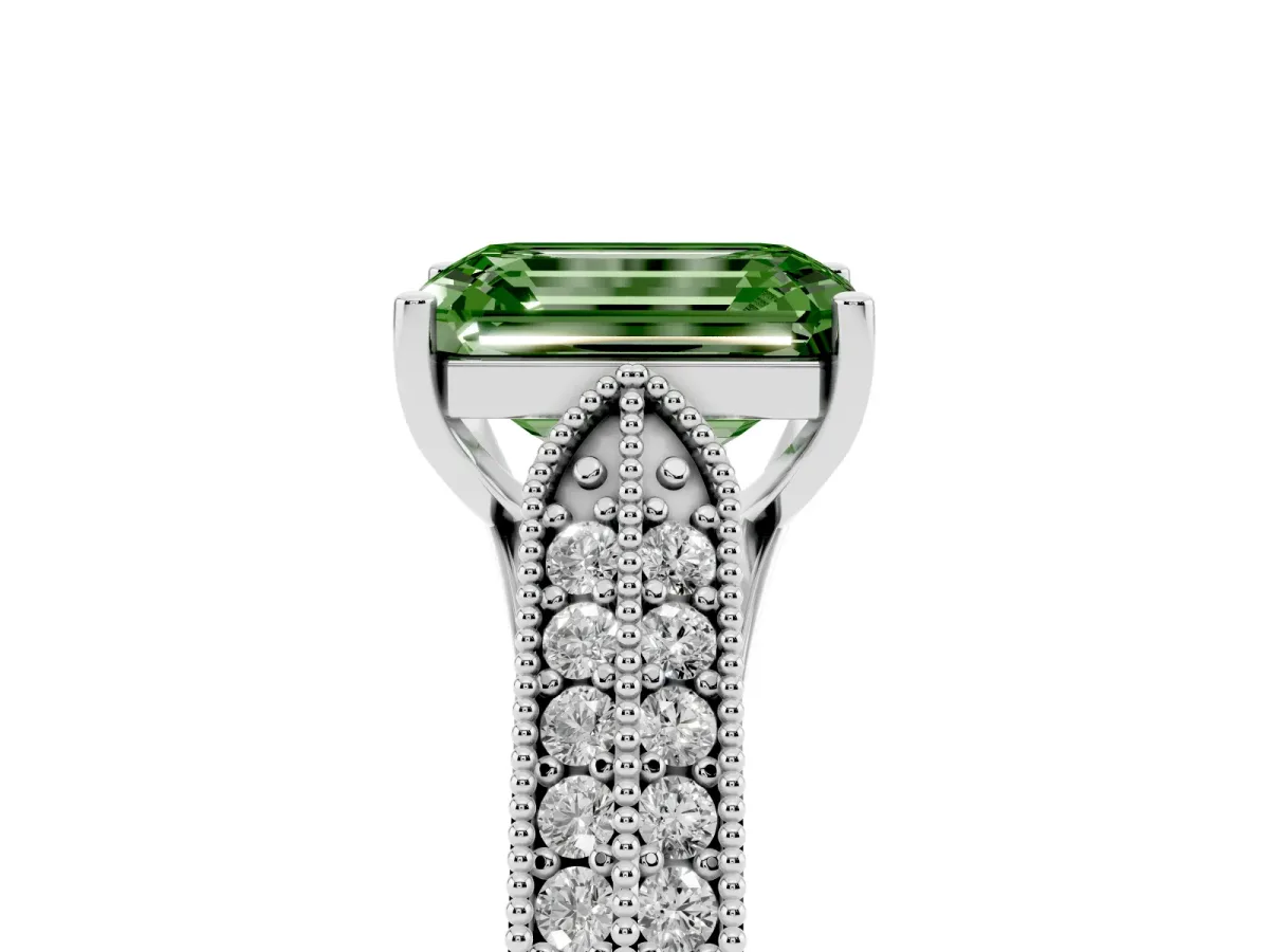 Fancy Green Emerald Cut Cut Pave Split Shank Engagement Ring with Four-Prong Setting Silver