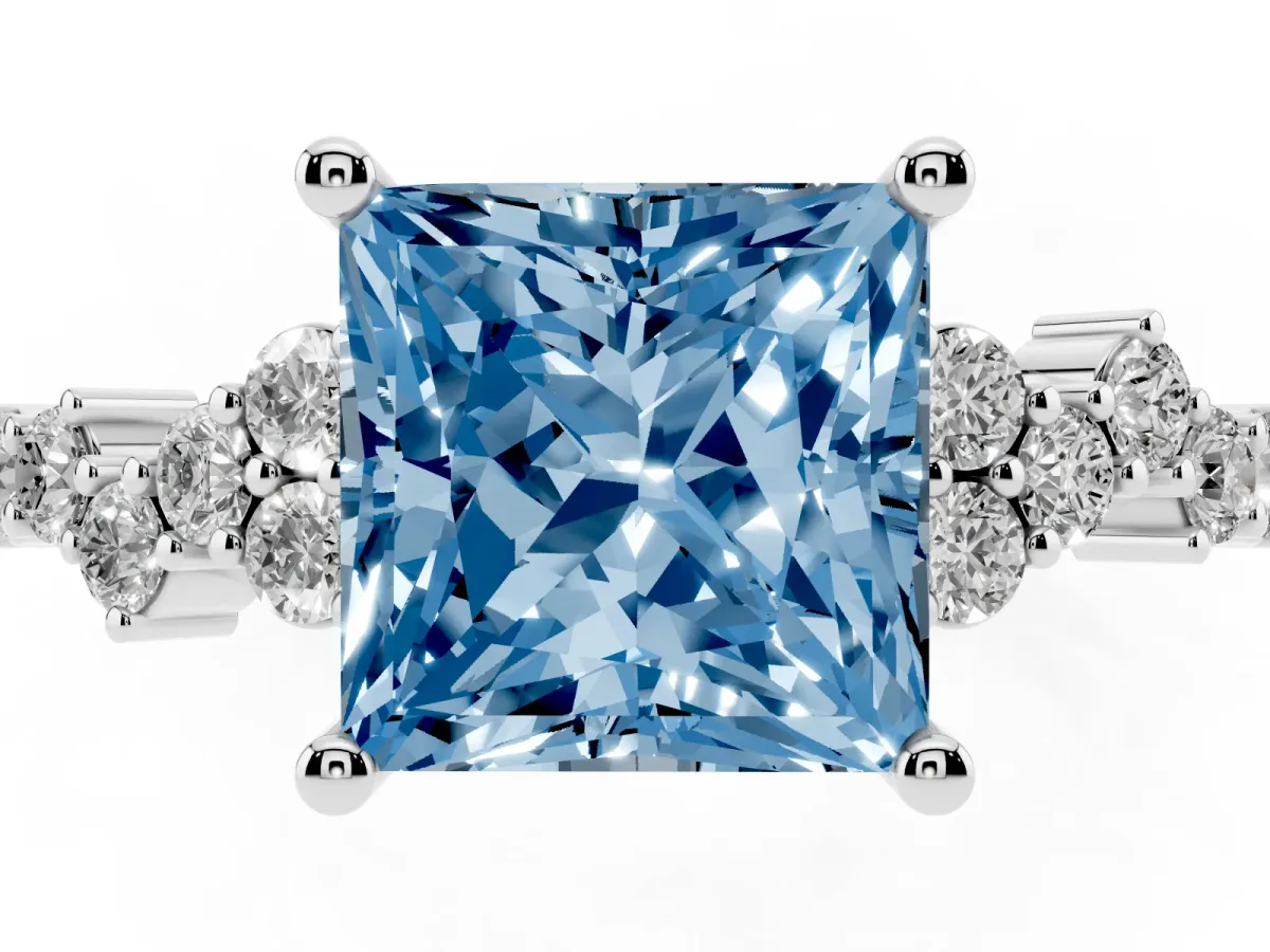 Fancy Blue Princess Cut Diamond Scattered Round Accent Ring with Prong Setting White gold