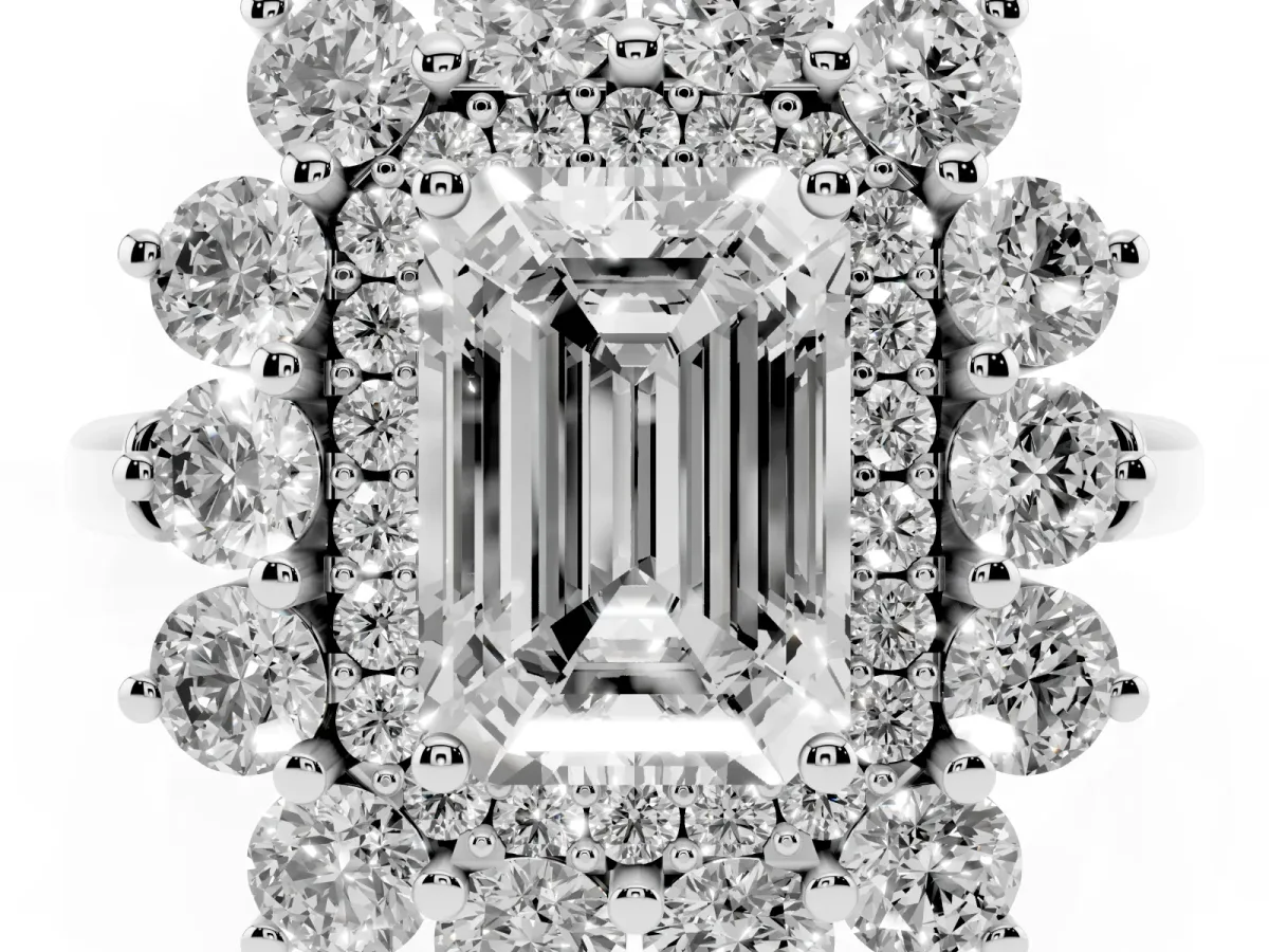 Emerald Cut Diamond Floral Double Halo Engagement Ring with Prong Setting Silver