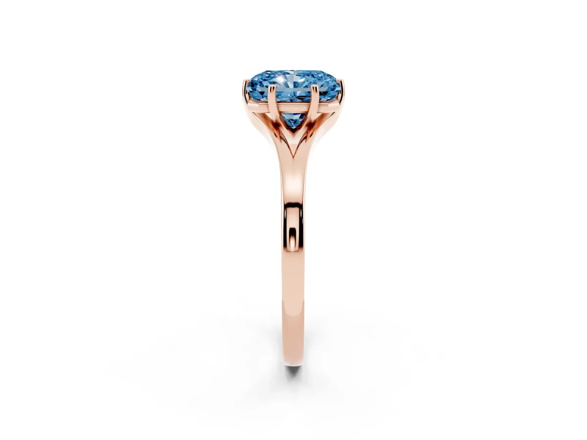 Fancy Blue Radiant Cut Solitaire Diamond Ring with Six-Prong Setting and Tapered Band Rose gold
