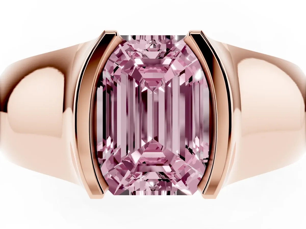 Fancy Pink Emerald Cut Solitaire Bezel Set Diamond Ring with Wide Band Rose gold