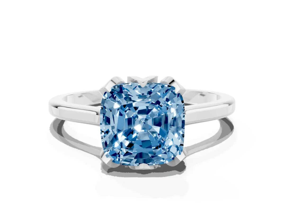 Fancy Blue Cushion Cut Diamond Solitaire Ring with Flower Prong Setting and Classic Band Silver