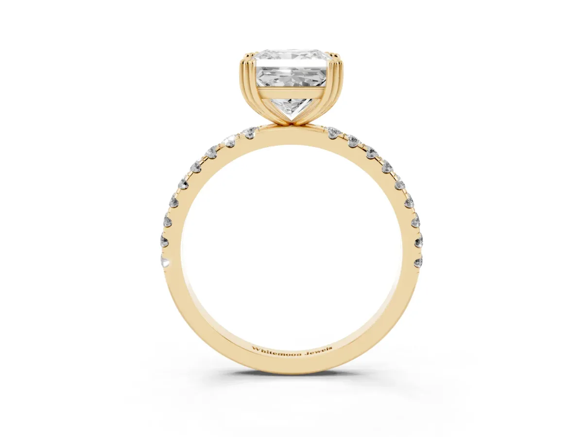 Princess Cut Brilliant Solitaire with Pavé Band and Claw Prong Setting Yellow gold