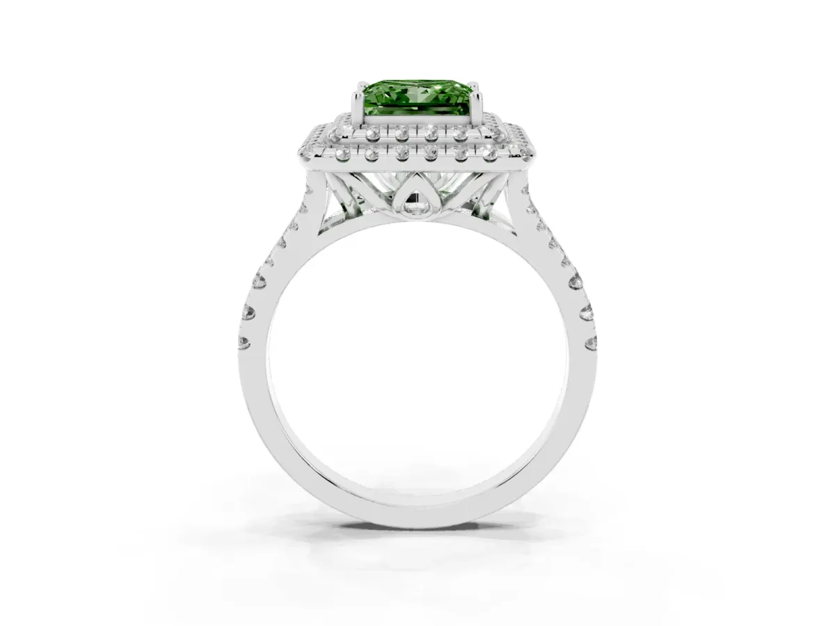Fancy Green Double Halo Princess Cut Diamond Pavé Split Shank Ring with Prong Setting Silver