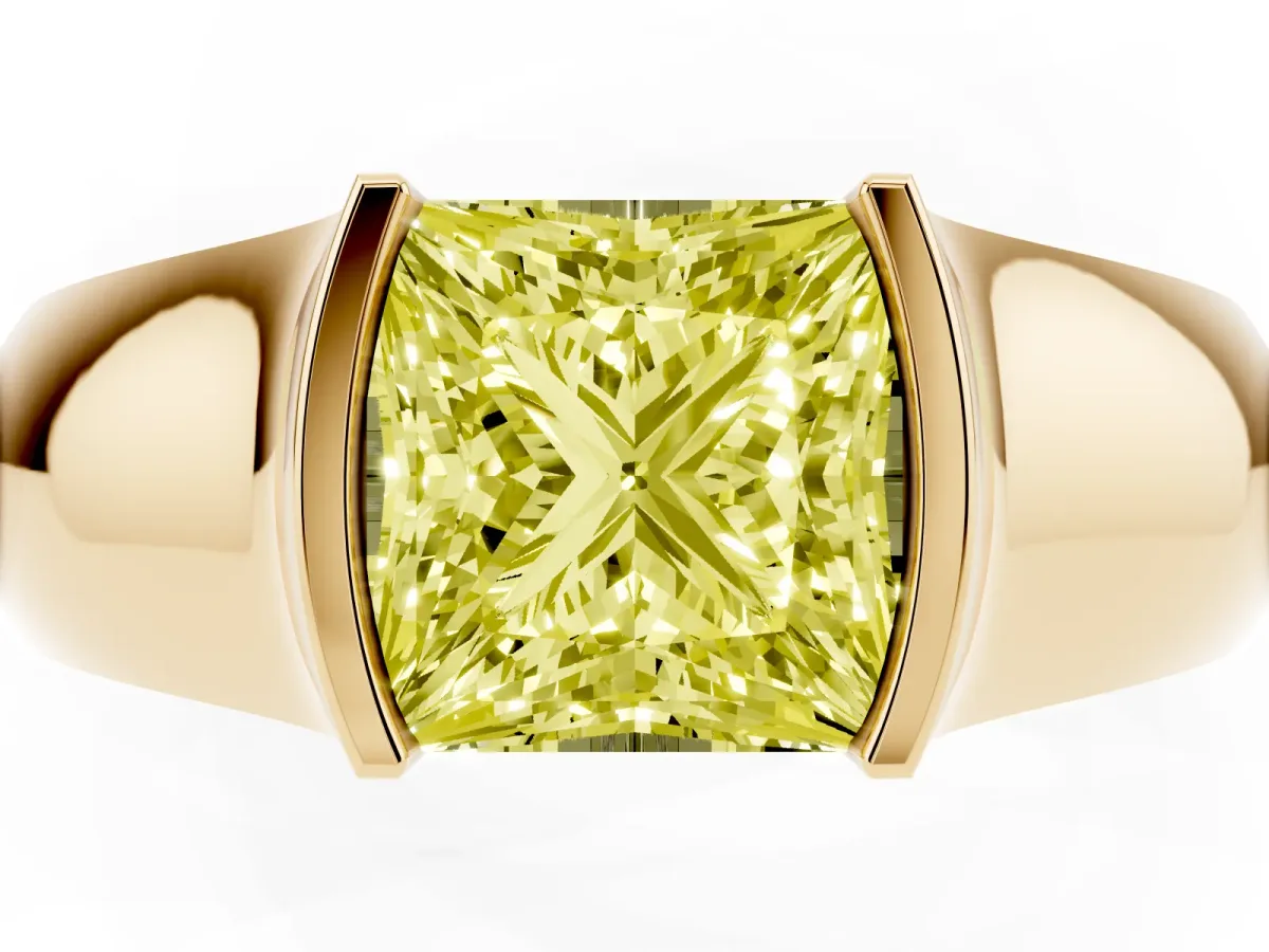 Fancy Yellow Princess Cut Solitaire Bezel Set Diamond Ring with Wide Band Yellow gold