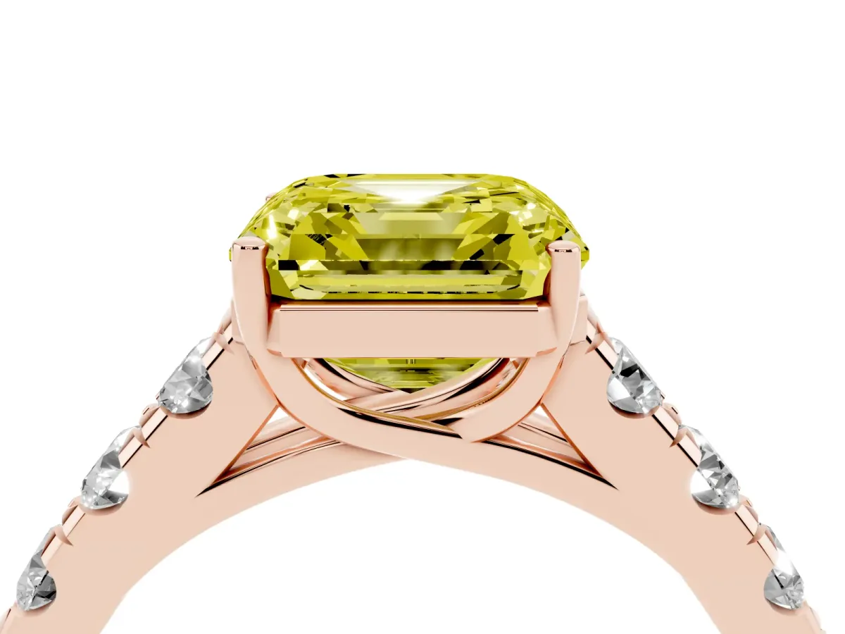 Fancy Yellow Asscher Cut Cut Diamond Solitaire Ring with Micro Pave Band and Prong Setting Rose gold