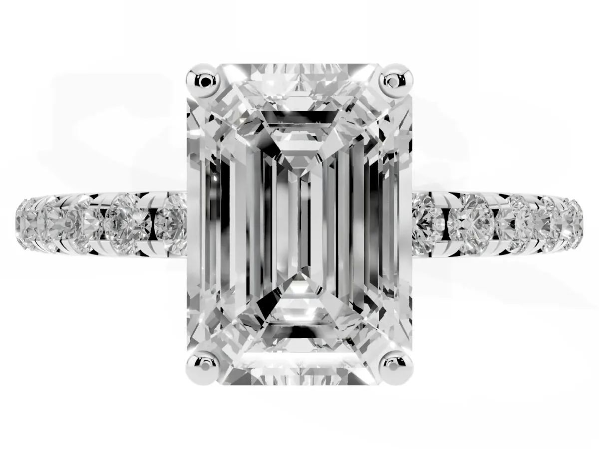 Emerald Cut Cut Diamond Solitaire Ring with Micro Pave Band and Four Prong Setting Silver
