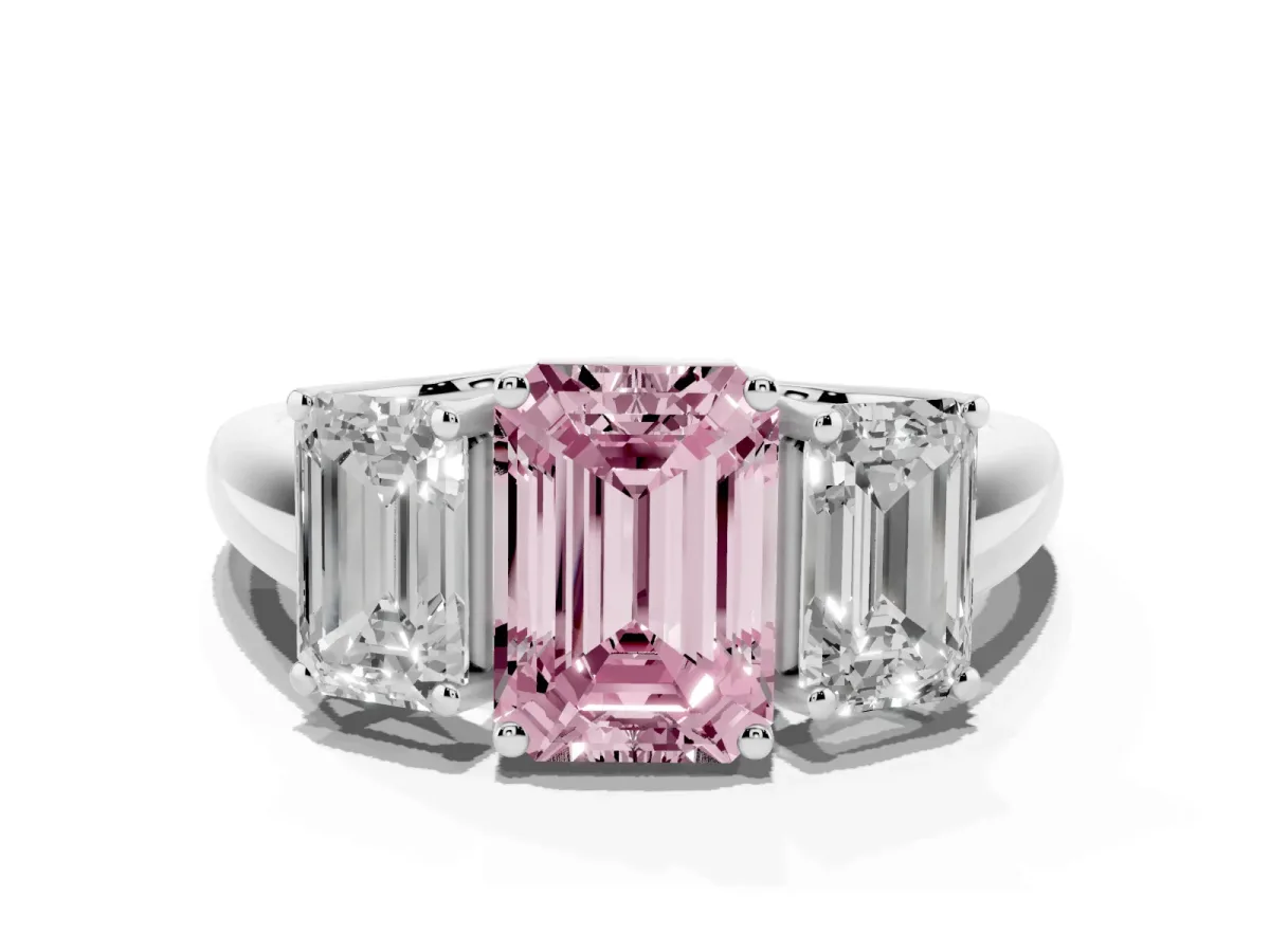 Fancy Pink Three-Stone Emerald Cut Diamond Engagement Ring with Prong Setting Platinum