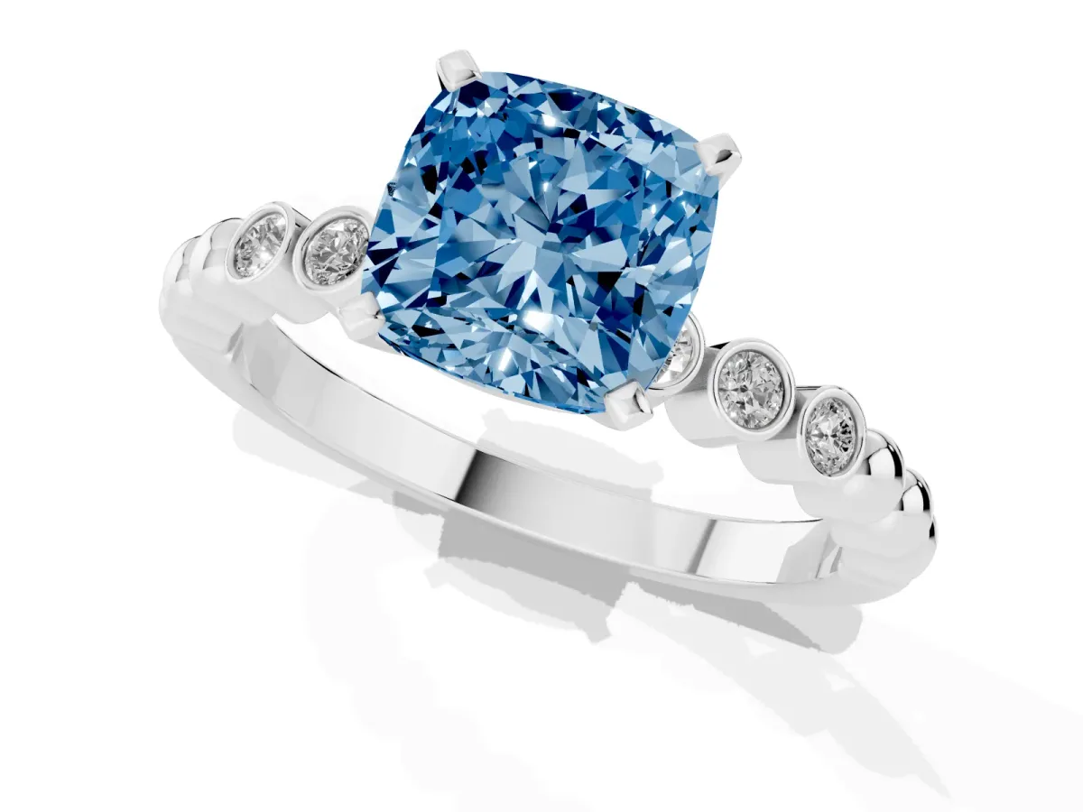Fancy Blue Cushion Cut Solitaire Bezel Accent Diamond Engagement Ring with Beaded Band and Four-Prong Setting Silver