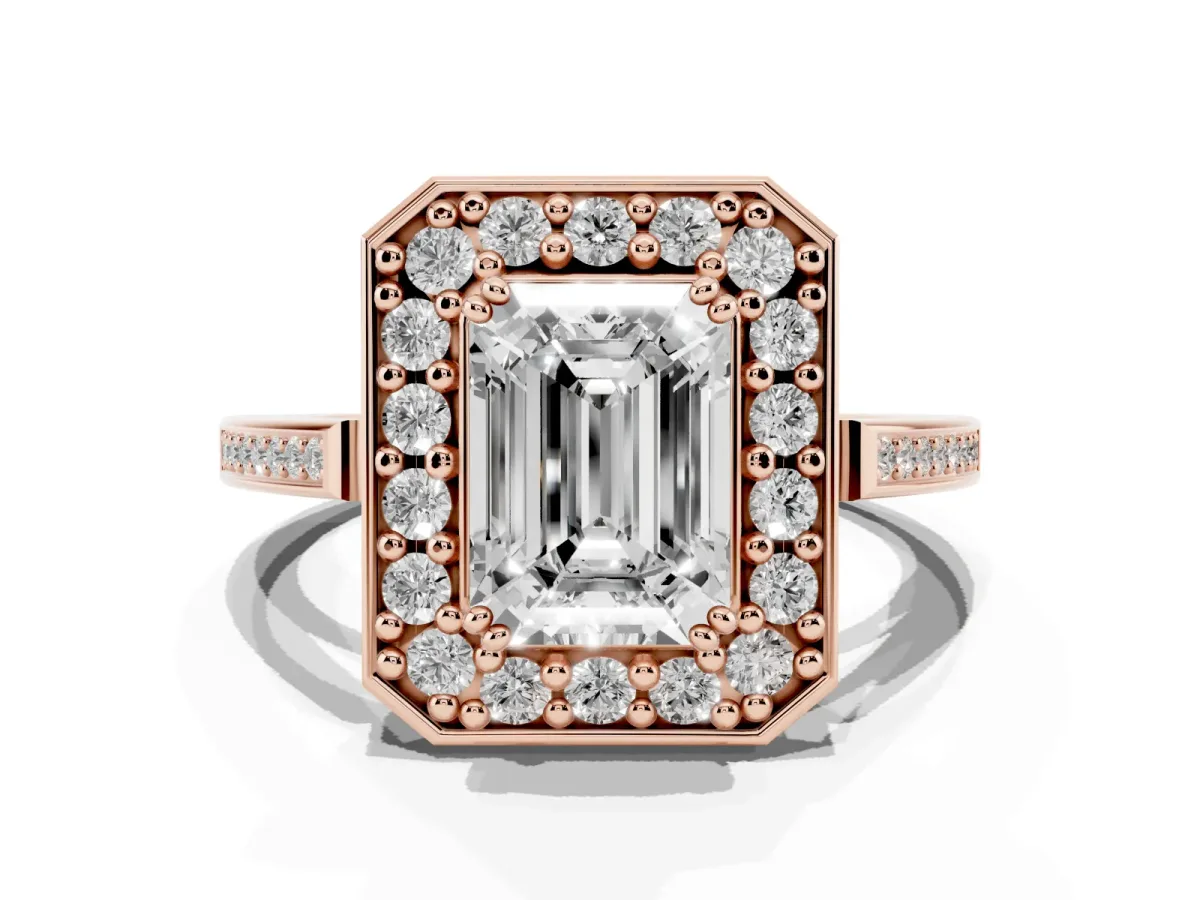 Emerald Cut Diamond Halo Ring with Split Shank and Four-Prong Setting Rose gold