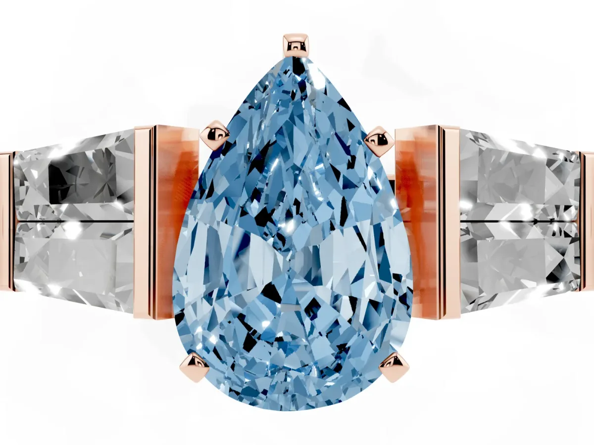 Fancy Blue Pear Cut Diamond Engagement Ring with Baguette Side Stones and Channel Set Band Rose gold