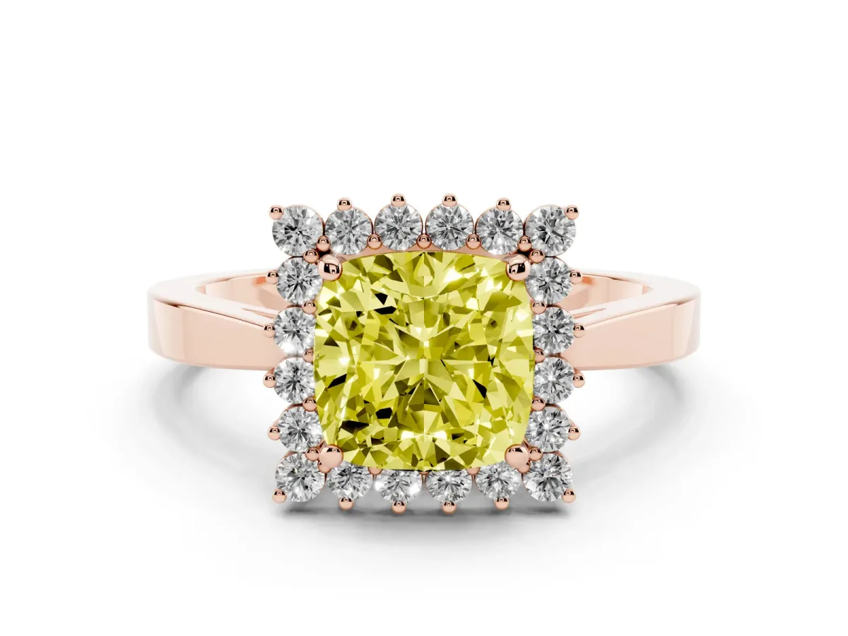 Fancy Yellow Cushion Cut Cut Diamond Halo Ring with Round Brilliant Halo and Solitaire Band Rose gold