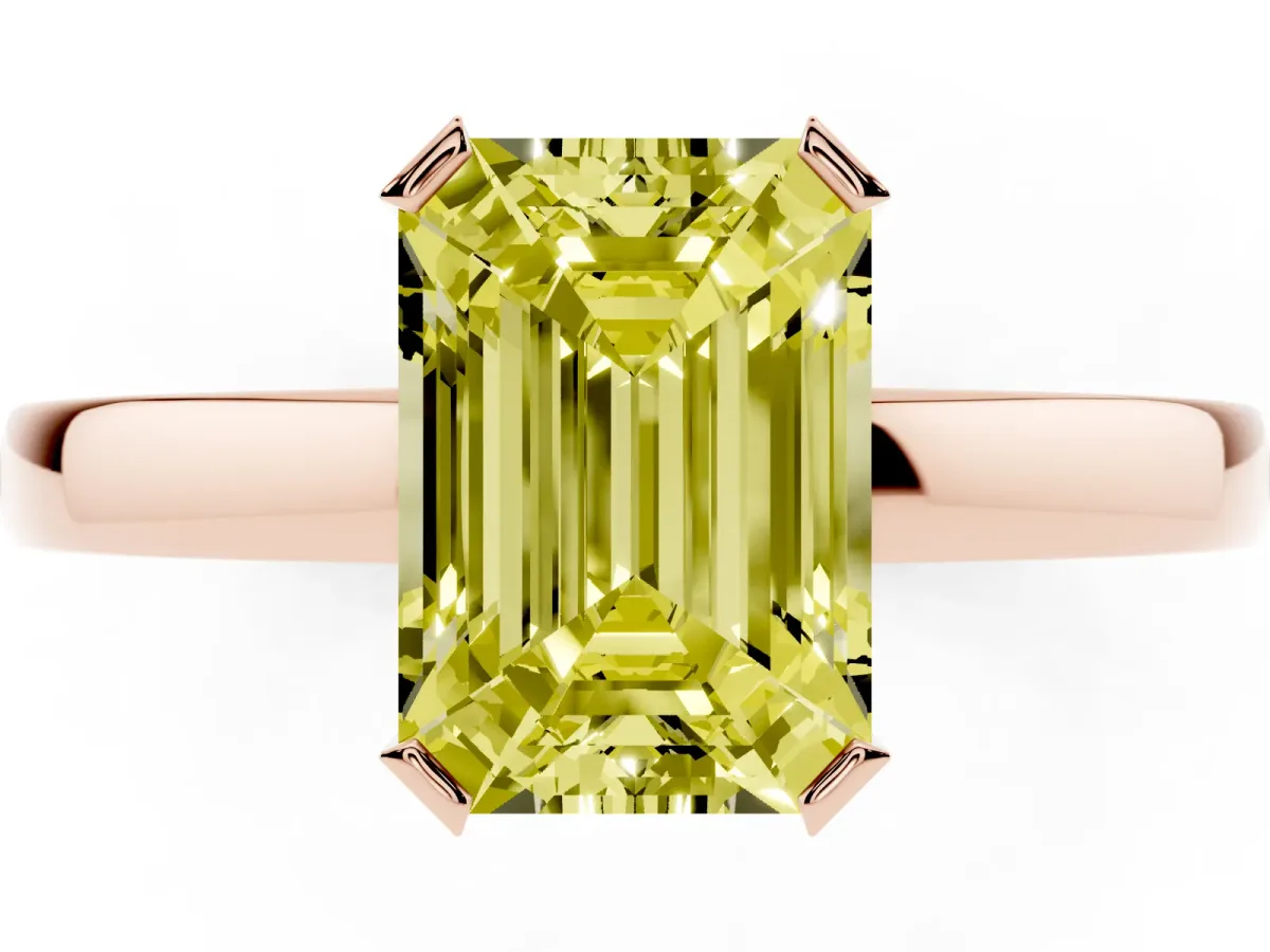 Fancy Yellow Emerald Cut Cut Solitaire Ring with Four-Prong Setting and Classic Band Rose gold