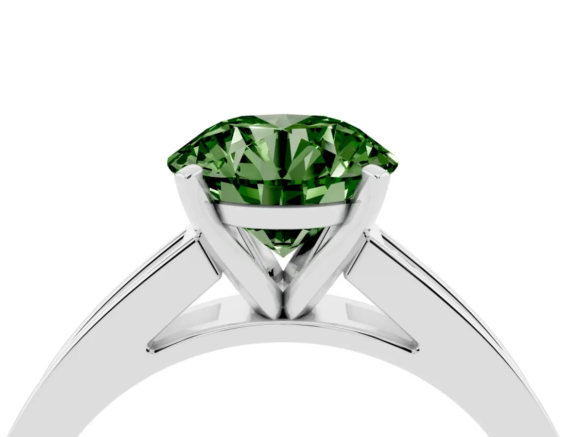 Fancy Green Round Cut Solitaire Diamond Ring with Channel-Set Band and Four-Prong Setting Silver