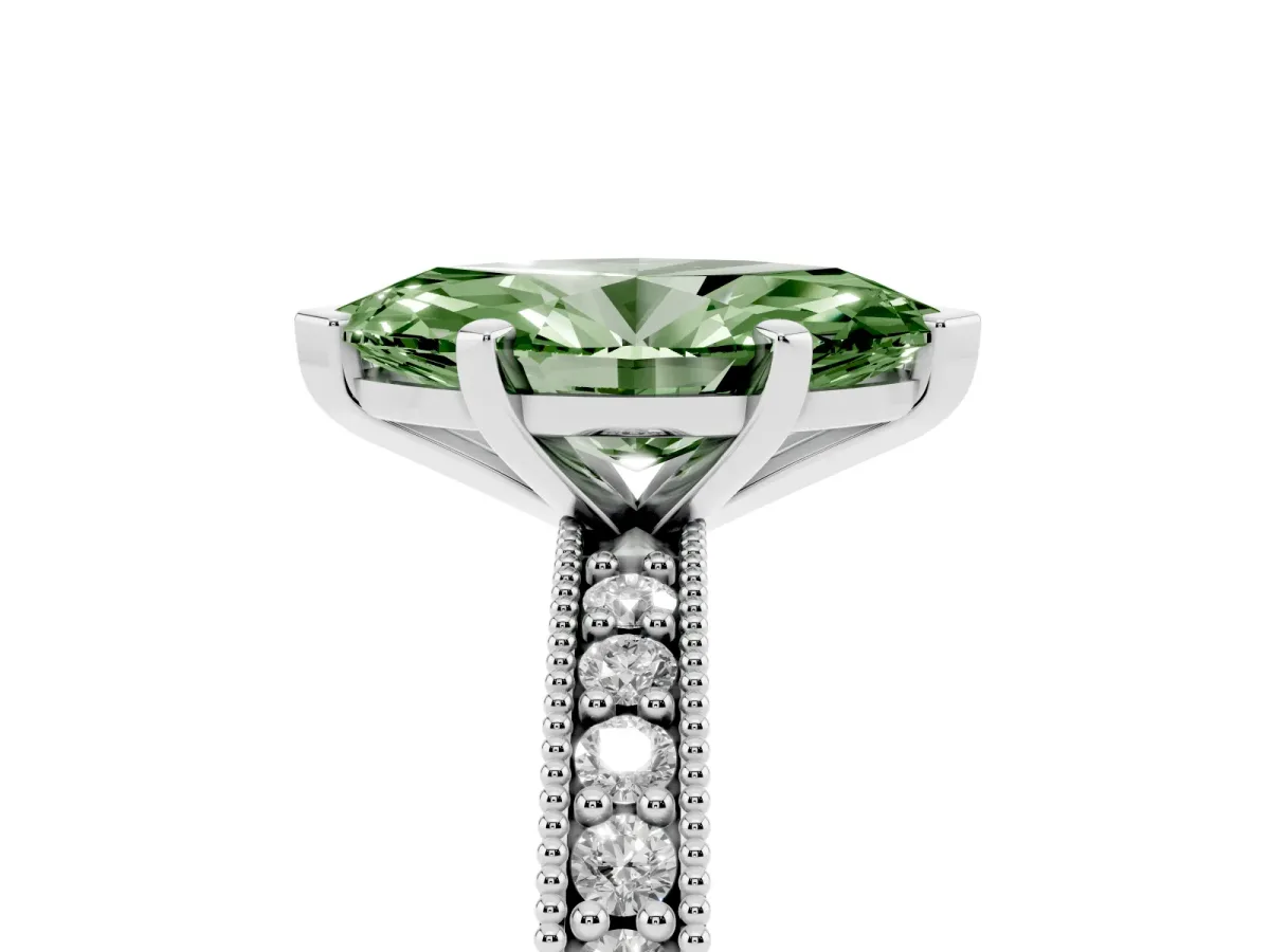 Fancy Green Marquise Cut Diamond Milgrain Pavé Engagement Ring with Four-Prong Setting Platinum