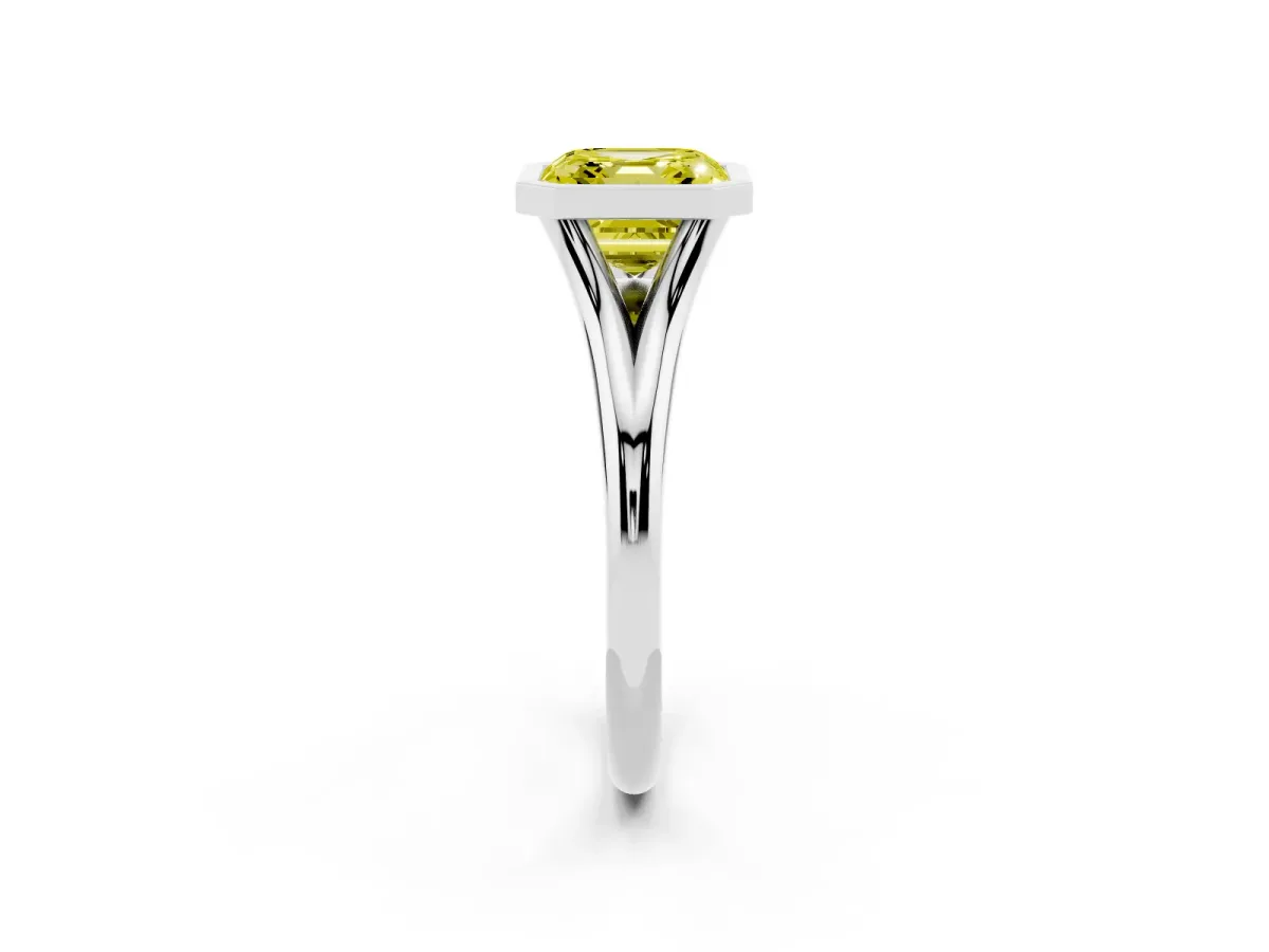 Fancy Yellow Bezel Set Asscher Cut Cut Solitaire Ring with Tapered Band Silver