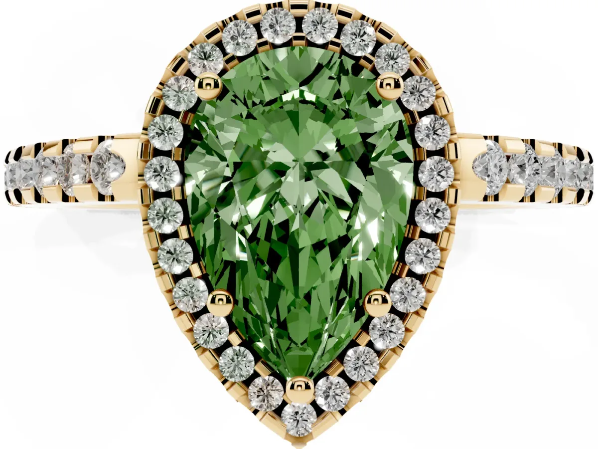 Fancy Green Pear Cut Diamond Halo Engagement Ring with Pavé Band and Prong Setting Yellow gold