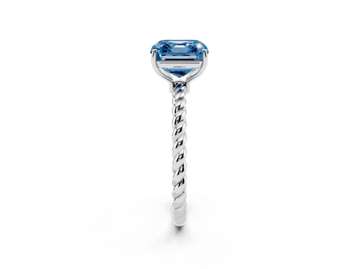 Fancy Blue Asscher Cut Solitaire Twist Band Ring with Four-Prong Setting Silver