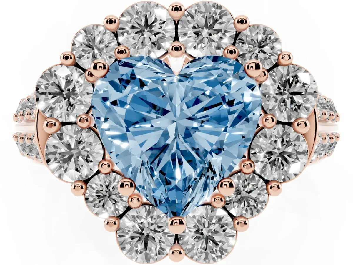 Fancy Blue Heart Cut Halo Diamond Engagement Ring with Split Shank and Prong Setting Rose gold