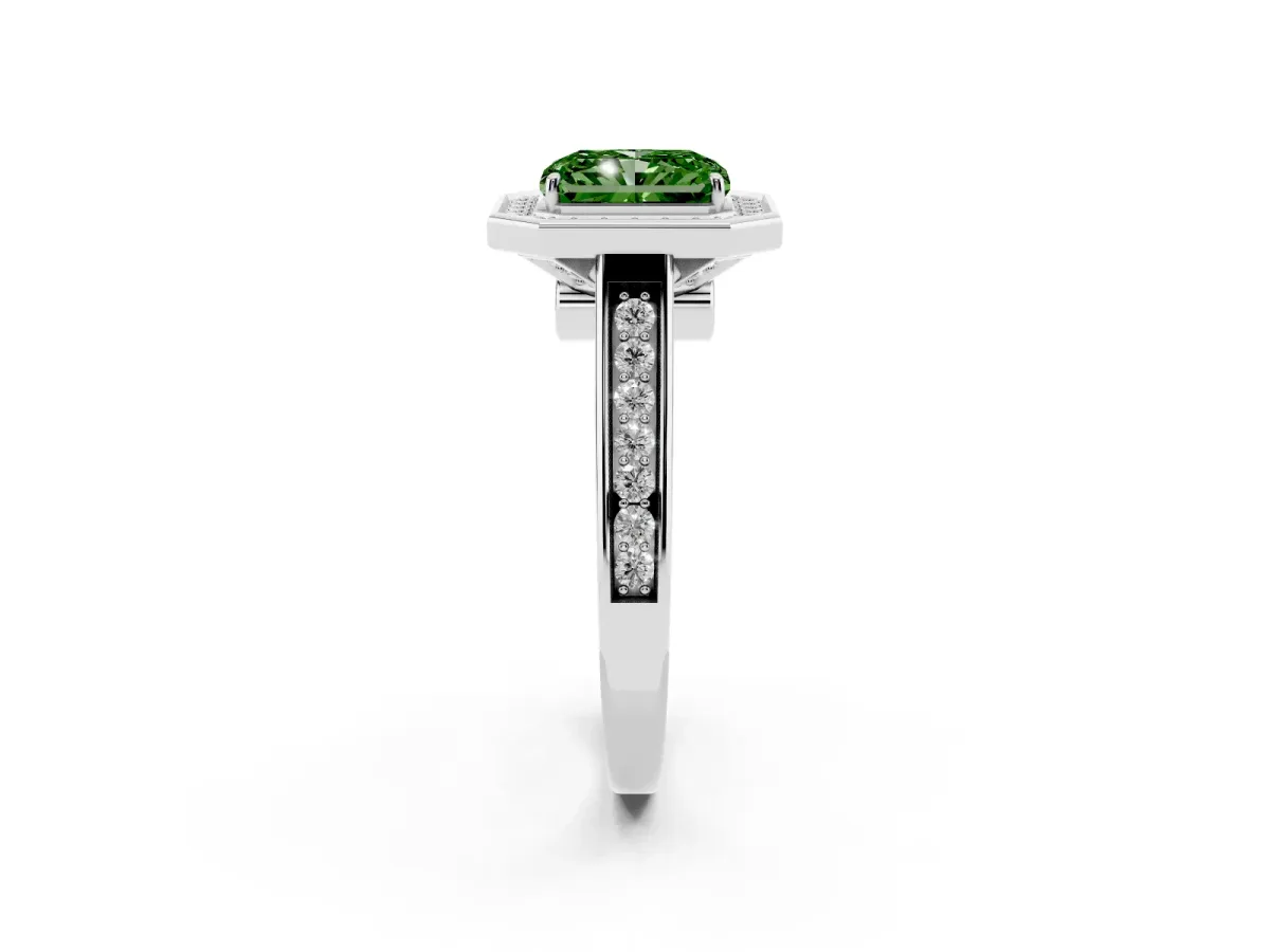 Fancy Green Radiant Cut Halo Solitaire Diamond Ring with Pave Band and Bezel Setting Silver