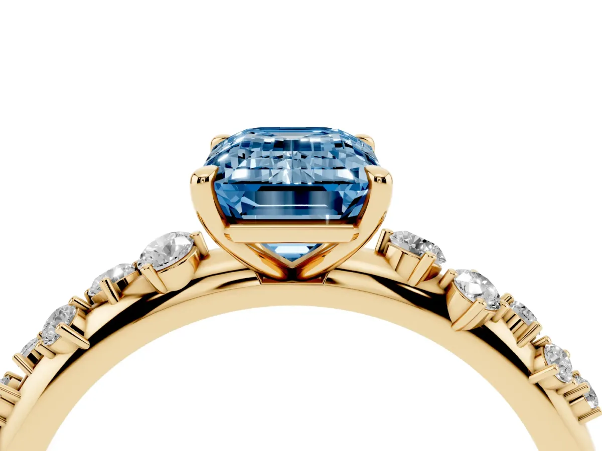 Fancy Blue Emerald Cut Diamond Cluster Prong-Set Solitaire Ring Yellow gold