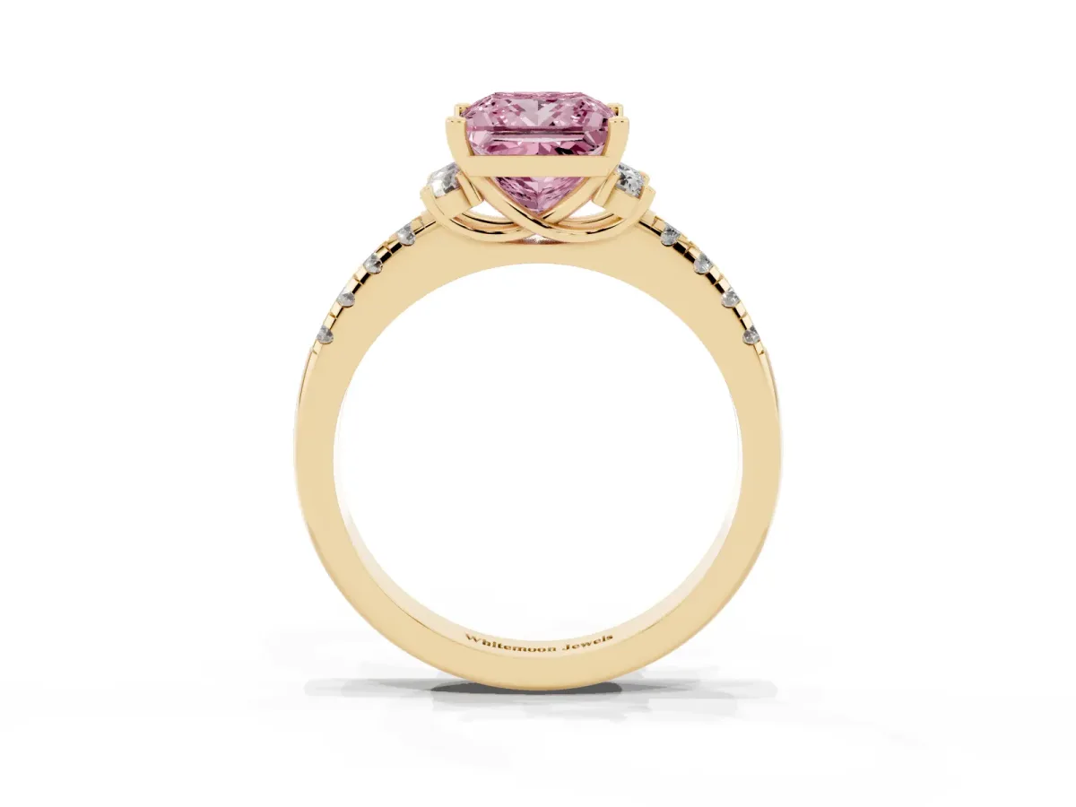 Fancy Pink Princess Cut Diamond Three-Stone Pave Band with Four-Prong Setting Yellow gold
