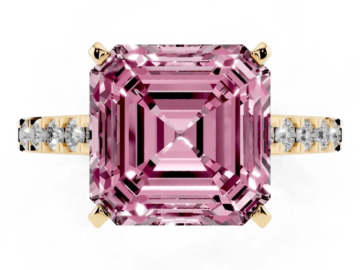 Fancy Pink Asscher Cut Diamond Solitaire Ring with Crossover Gallery and Round Pavé Band Yellow gold