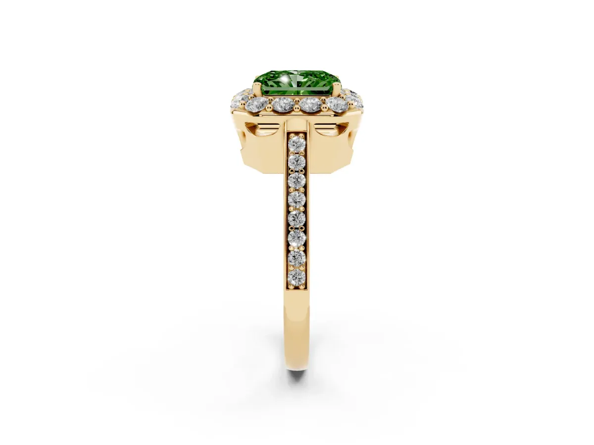 Fancy Green Radiant Cut Diamond Floral Halo Ring with Pavé Band and Prong Setting Yellow gold