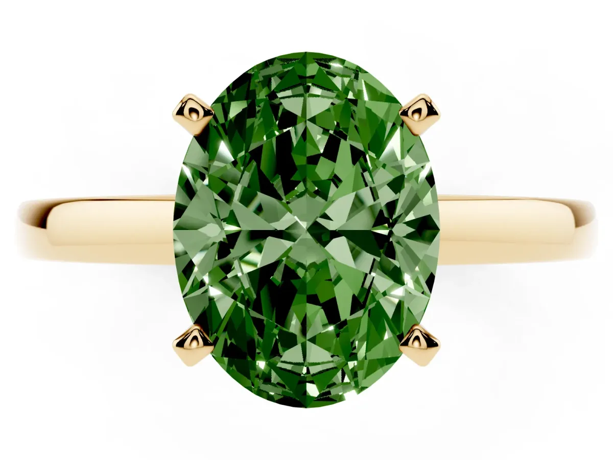 Fancy Green Oval Cut Solitaire Diamond Engagement Ring with Four-Prong Setting on a Classic Band Yellow gold