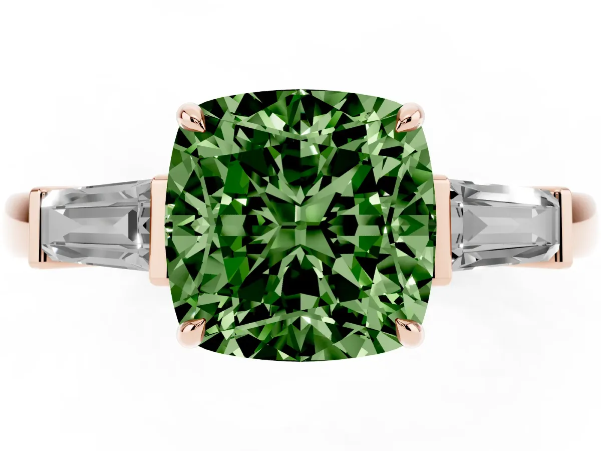 Fancy Green Cushion Cut Diamond Three-Stone Ring with Tapered Baguette Side Stones and Prong Setting Rose gold