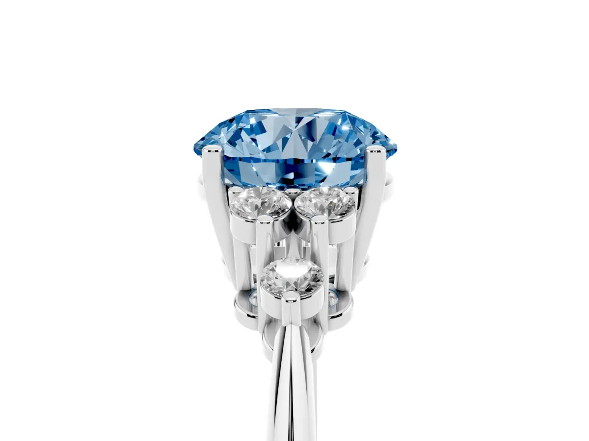 Fancy Blue Round Cut Cut Diamond Cluster Ring with Solitaire Band and Four-Prong Setting Silver
