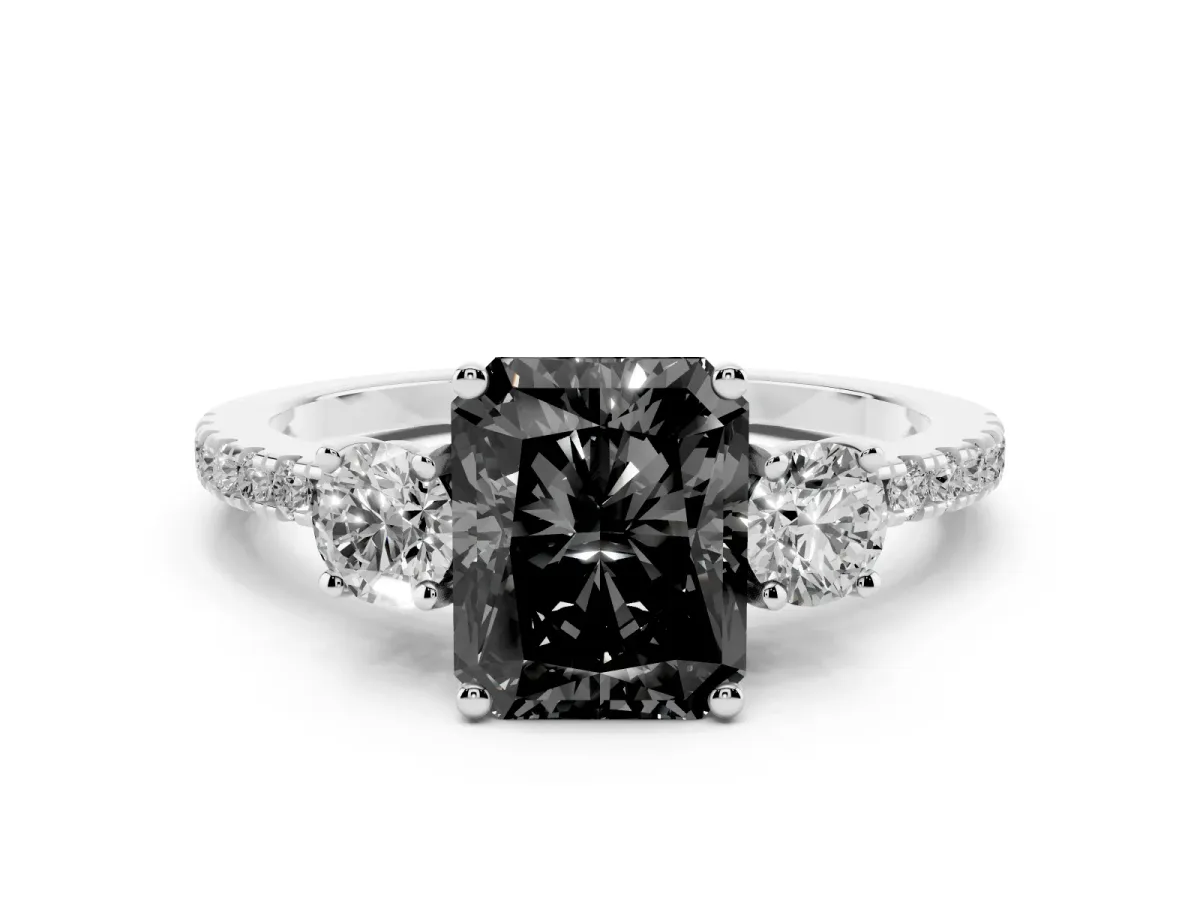 Fancy Black Three-Stone Radiant Cut Cut Diamond Pavé Band with Prong Setting Silver