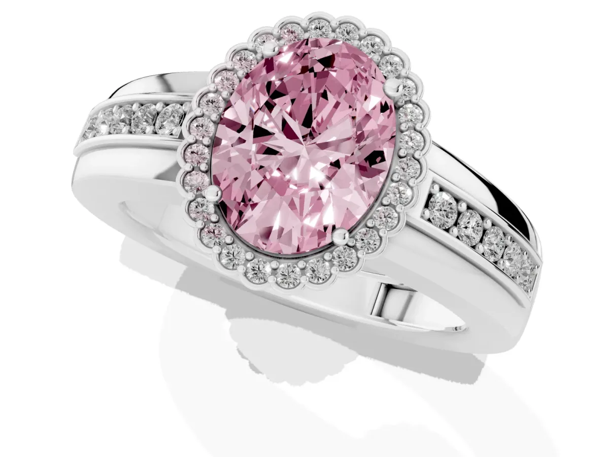 Fancy Pink Oval Cut Cut Halo Pave Band Four-Prong Ring Platinum