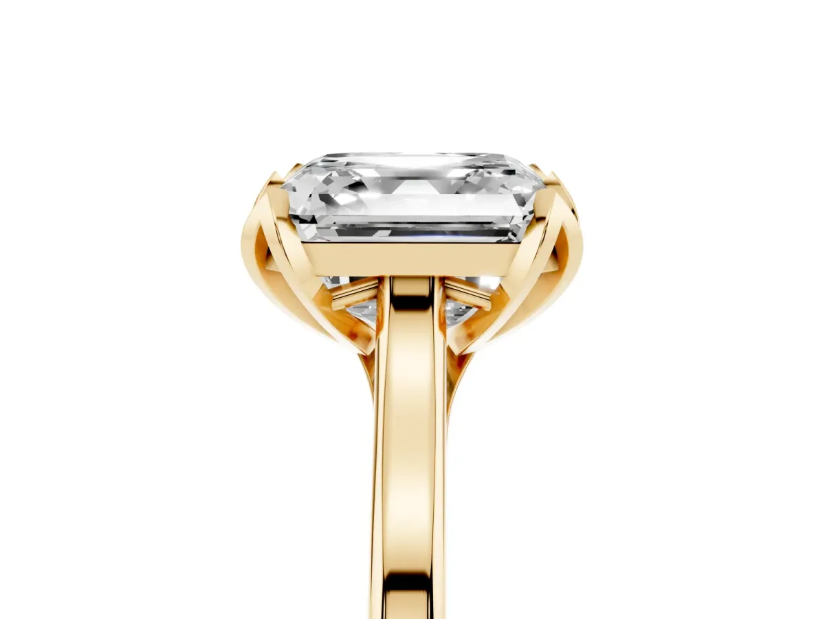 Asscher Cut Diamond Solitaire Ring with Flower Prong Setting and Classic Band Yellow gold