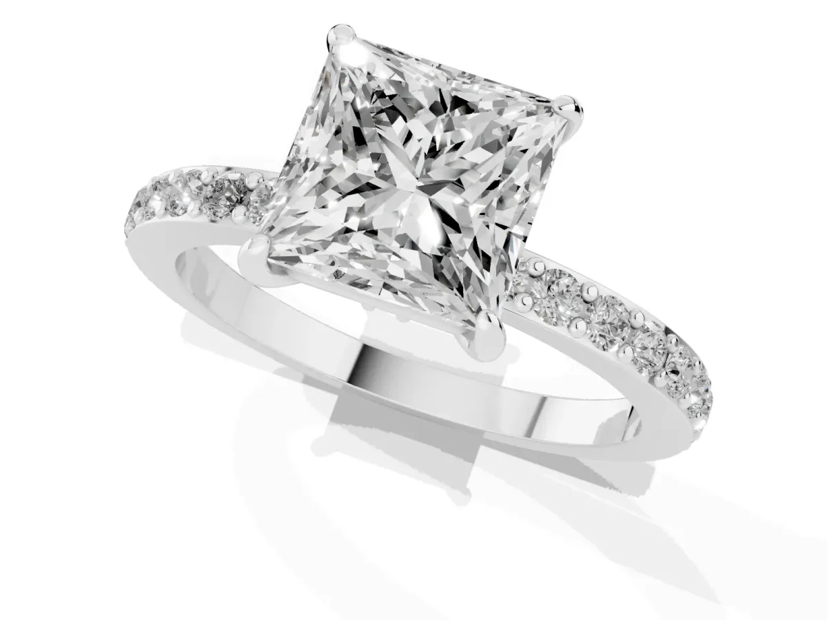 Princess Cut Diamond Solitaire Engagement Ring with Pavé Band and Four-Prong Setting Platinum