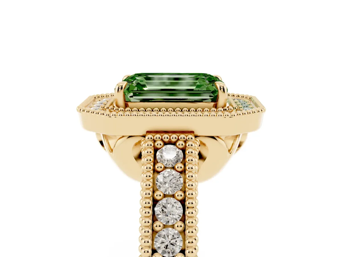 Fancy Green Emerald Cut Cut Halo Diamond Ring with Pavé Band and Four-Prong Setting Yellow gold