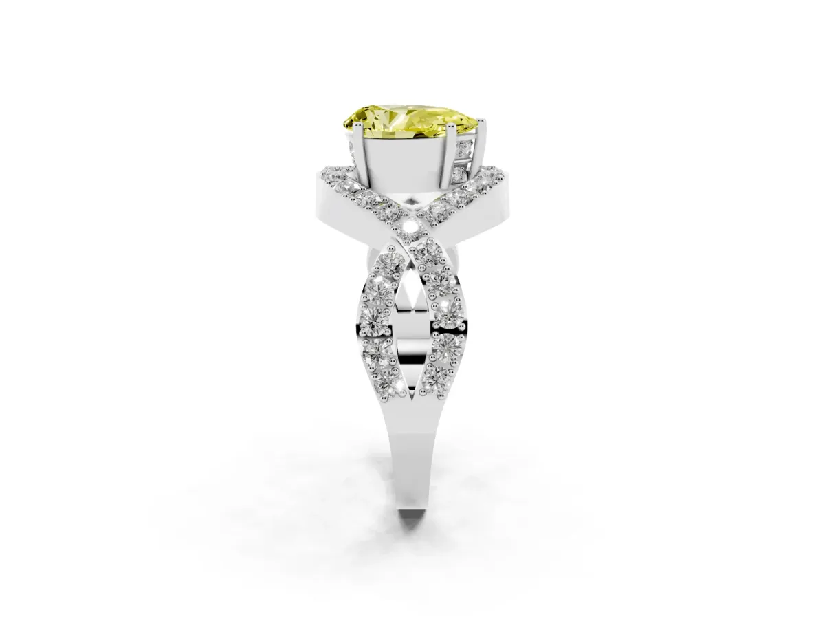 Fancy Yellow Pear Cut Solitaire Twist Band Pavé Diamond Engagement Ring Silver