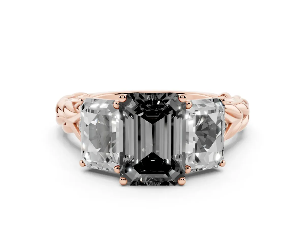 Fancy Black Three-Stone Radiant Cut Diamond Braided Band Ring with Four-Prong Setting Rose gold