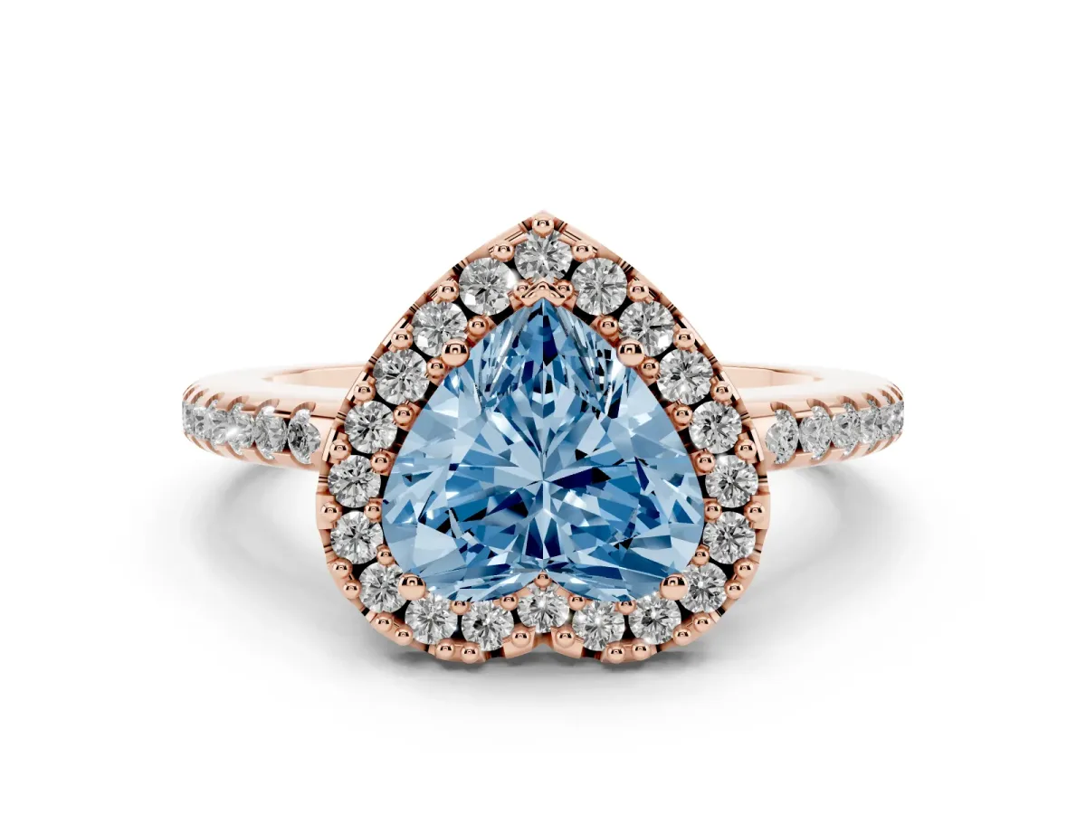 Fancy Blue Heart Cut Diamond Pavé Halo Ring with Four-Prong Setting Rose gold