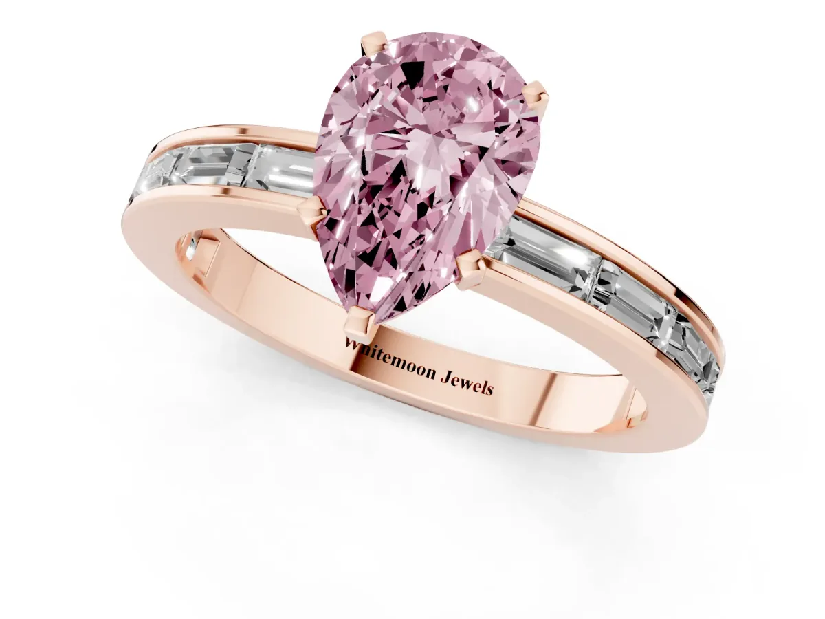 Fancy Pink Pear Cut Solitaire Diamond Ring with Channel-Set Baguette Band and Four-Prong Setting Rose gold