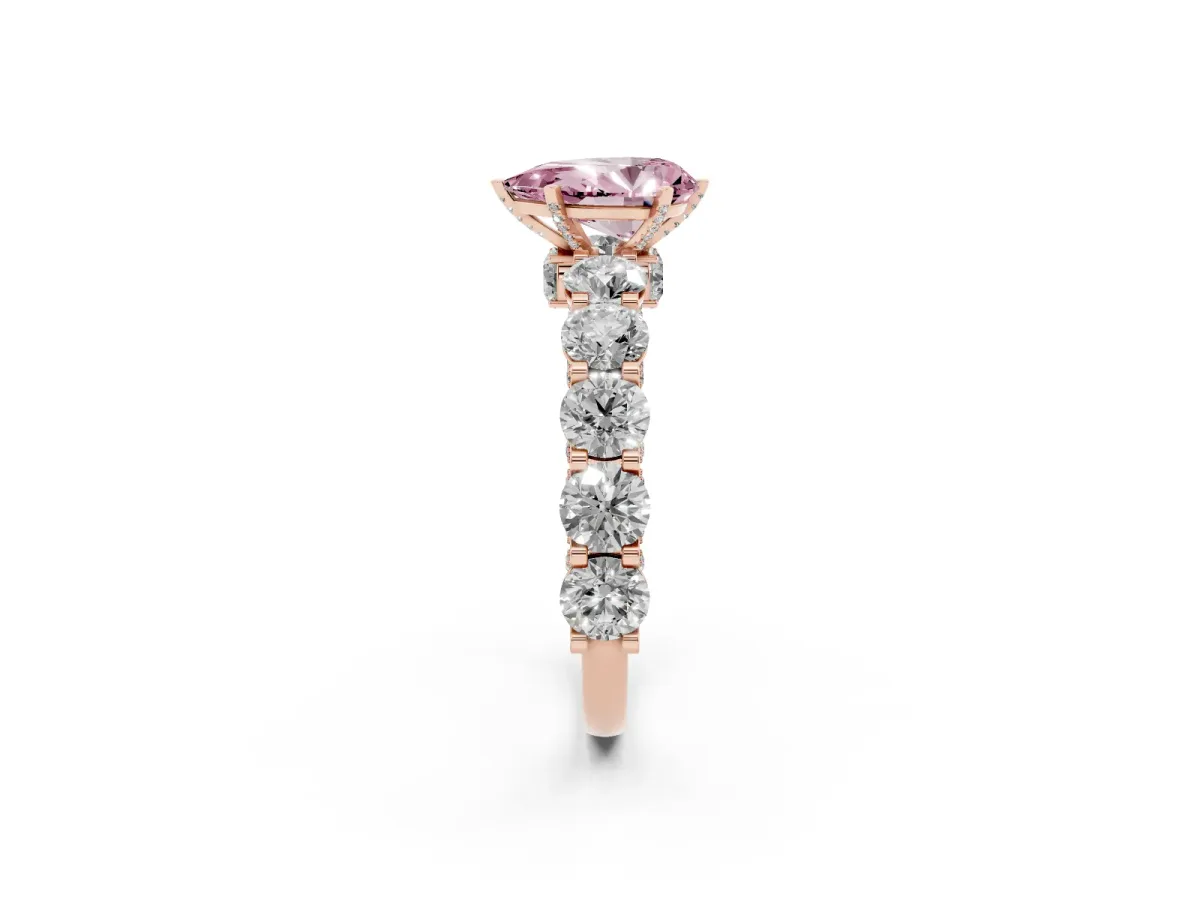 Fancy Pink Pear Cut Diamond Side Stone Engagement Ring with Four-Prong Setting Rose gold