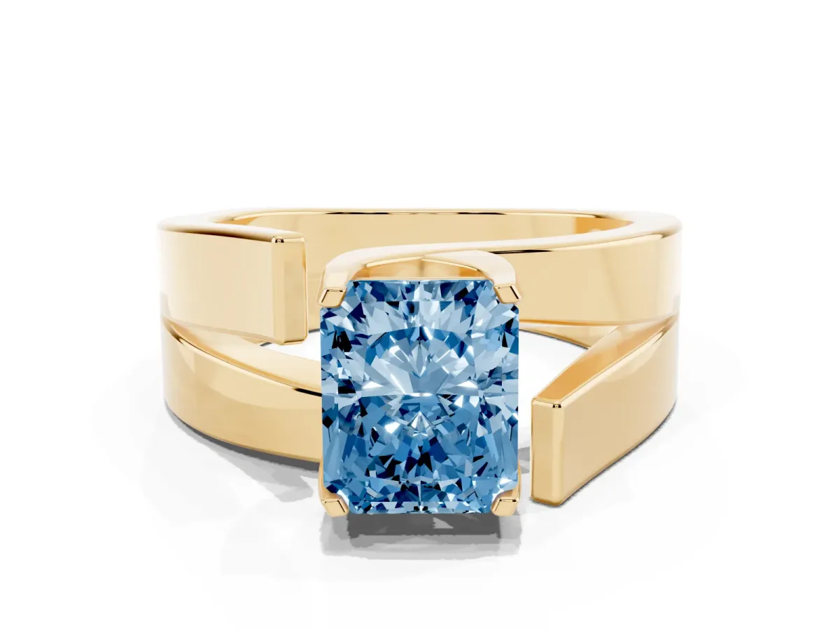 Fancy Blue Modern Tension Set Radiant Cut Diamond Solitaire Wide Band Ring Yellow gold