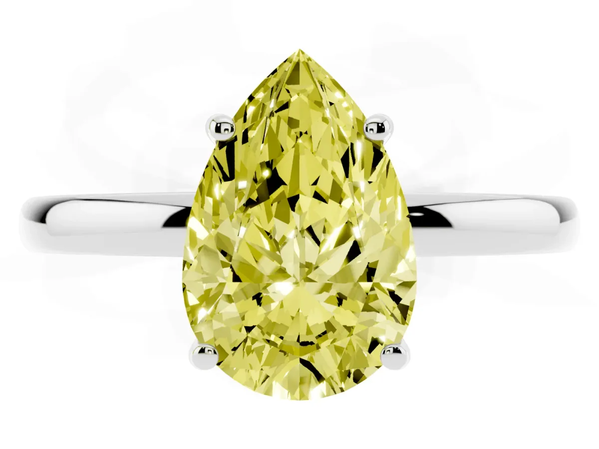 Fancy Yellow Pear Cut Solitaire Diamond Ring with Prong Setting and Plain Band Platinum