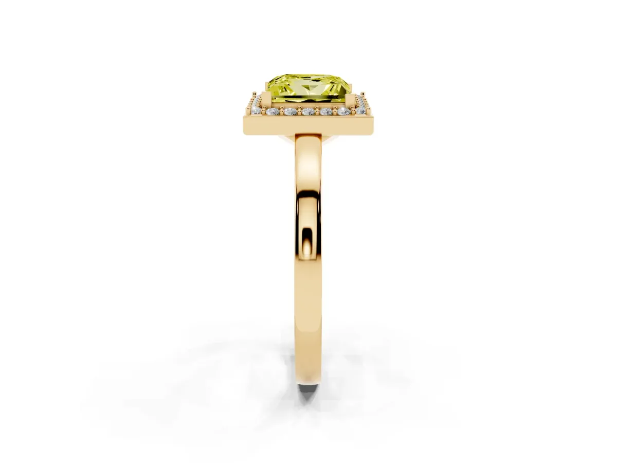 Fancy Yellow Princess Cut Halo Diamond Ring with Solitaire Band and Prong Setting Yellow gold